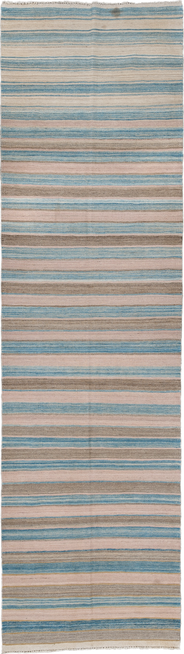 3' x 11' one-of-a-kind handmade vintage Kilim runner rug. Color palette: ivory, sky blue, taupe, beige, light blue, gray