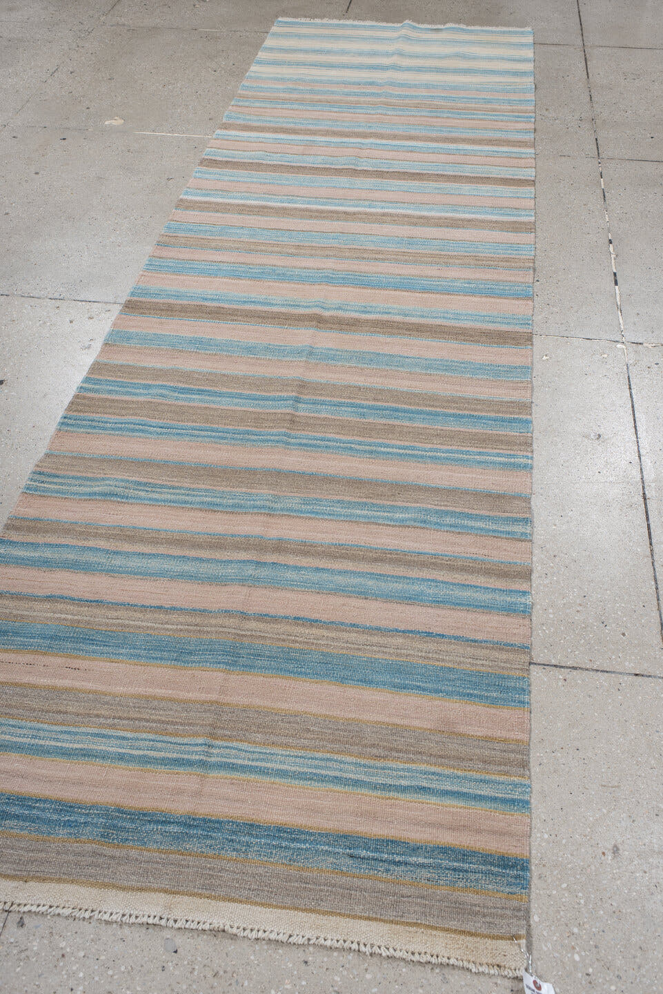 3' x 11' one-of-a-kind handmade vintage Kilim runner rug. Color palette: ivory, sky blue, taupe, beige, light blue, gray