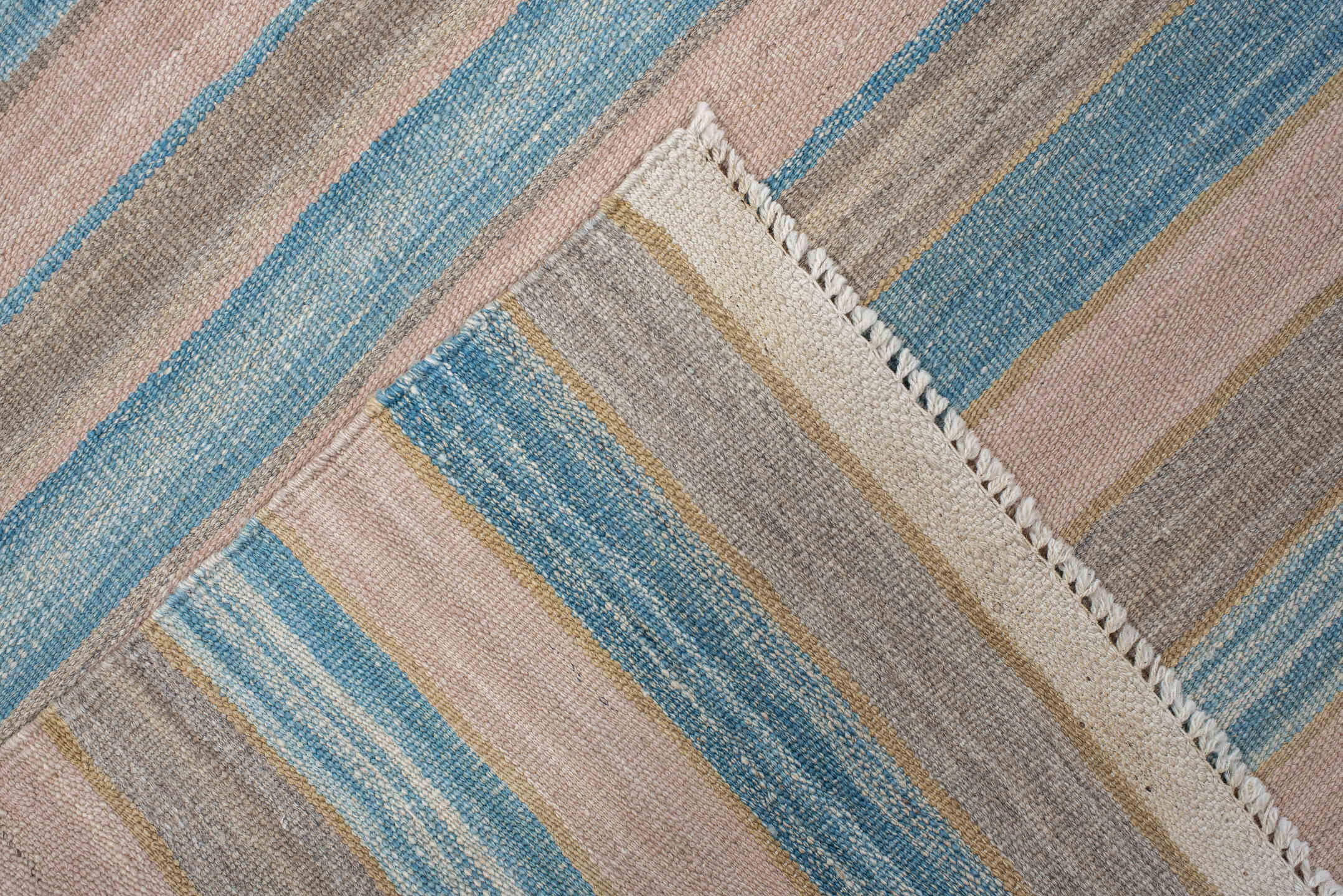 3' x 11' one-of-a-kind handmade vintage Kilim runner rug. Color palette: ivory, sky blue, taupe, beige, light blue, gray