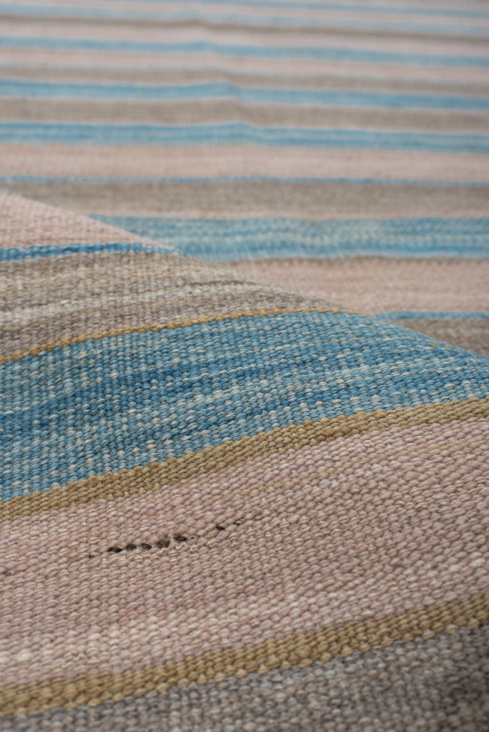 3' x 11' one-of-a-kind handmade vintage Kilim runner rug. Color palette: ivory, sky blue, taupe, beige, light blue, gray