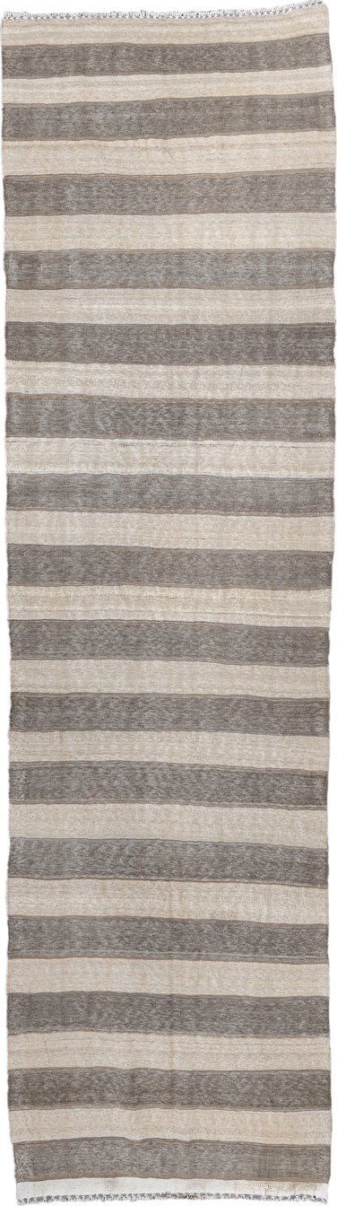 3' x 11' one-of-a-kind handmade vintage Kilim runner rug. Color palette: ivory, taupe, gray, cream, beige