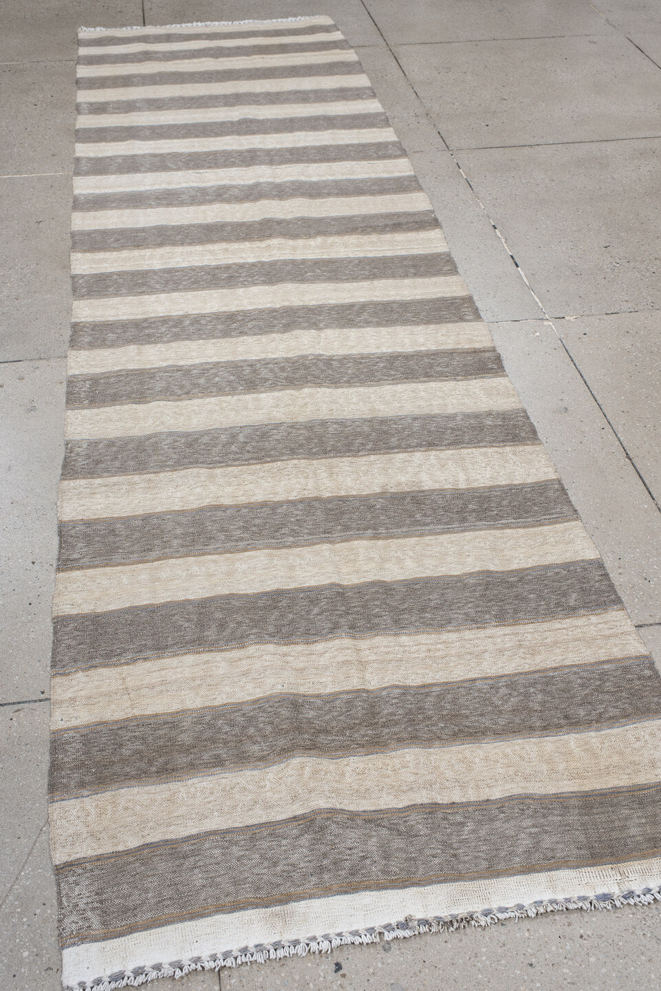 3' x 11' one-of-a-kind handmade vintage Kilim runner rug. Color palette: ivory, taupe, gray, cream, beige