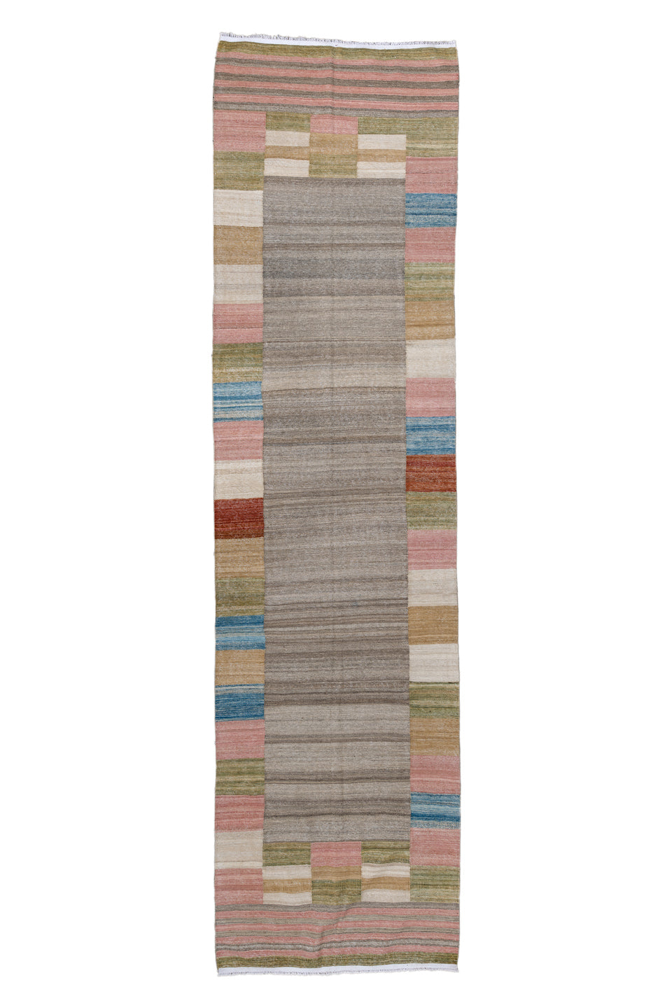 3' x 12' one-of-a-kind handmade vintage Kilim runner rug. Color palette: blue, gray, light blue, light gray, pink