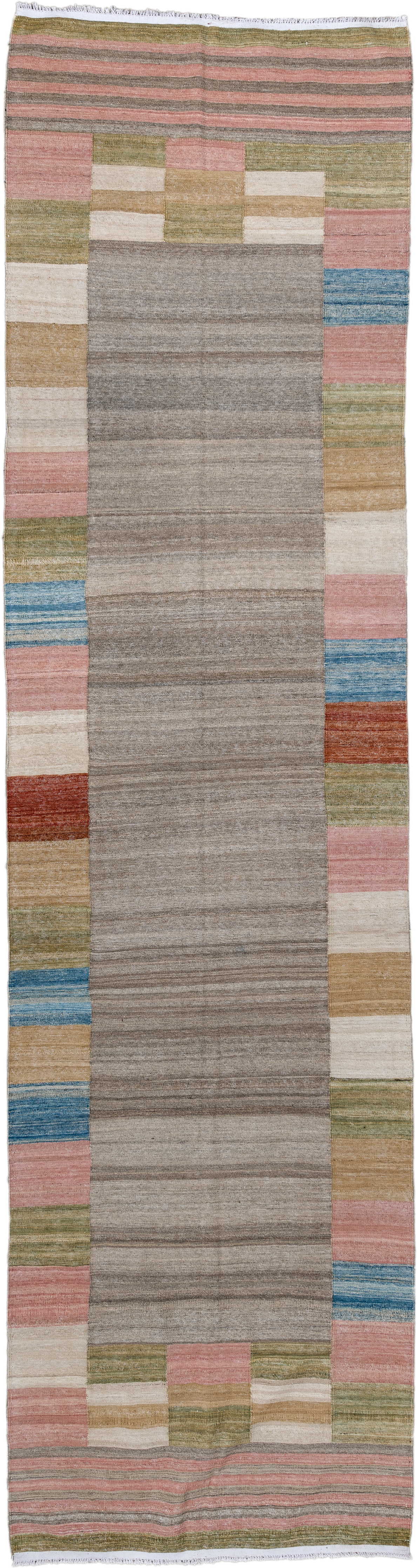 3' x 12' one-of-a-kind handmade vintage Kilim runner rug. Color palette: taupe, blush, olive, ivory, sky_blue, camel, rust