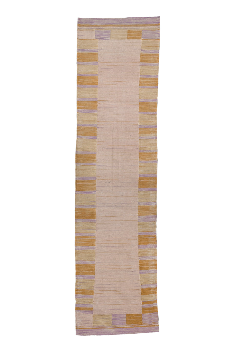 2' x 10' one-of-a-kind handmade vintage Kilim runner rug. Color palette: brown, gray, light gray, pink