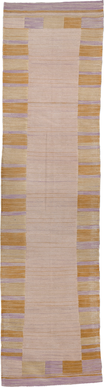 2' x 10' one-of-a-kind handmade vintage Kilim runner rug. Color palette: blush, gold, ivory, lavender, beige, pink