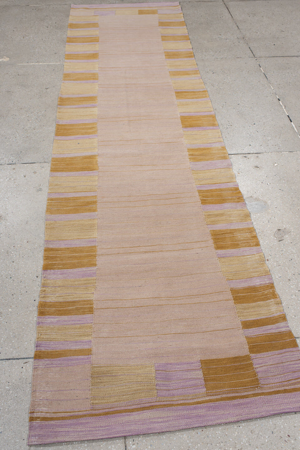 2' x 10' one-of-a-kind handmade vintage Kilim runner rug. Color palette: blush, gold, ivory, lavender, beige, pink