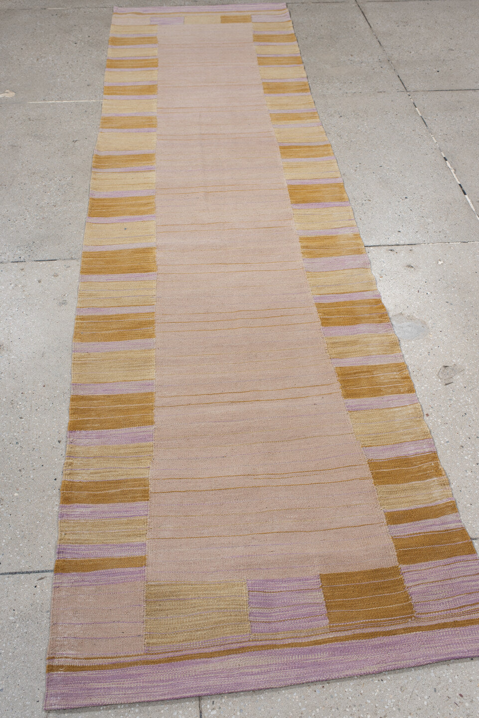 2' x 10' one-of-a-kind handmade vintage Kilim runner rug. Color palette: blush, gold, ivory, lavender, beige, pink