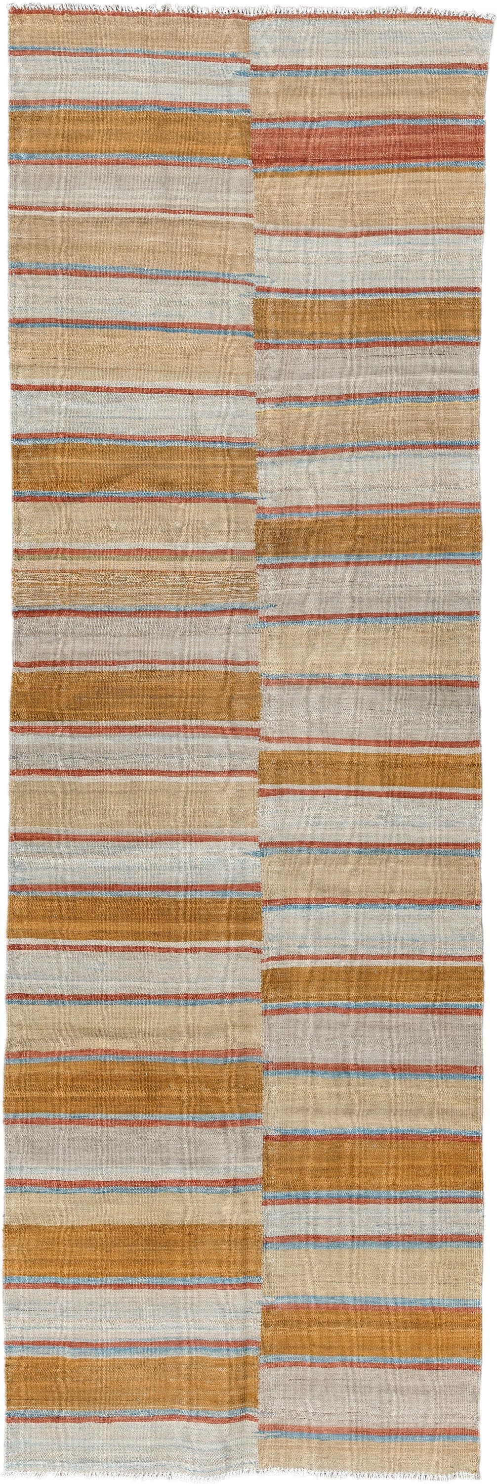 3' x 10' one-of-a-kind handmade vintage Kilim runner rug. Color palette: ivory, camel, tan, rust, pale_blue, beige