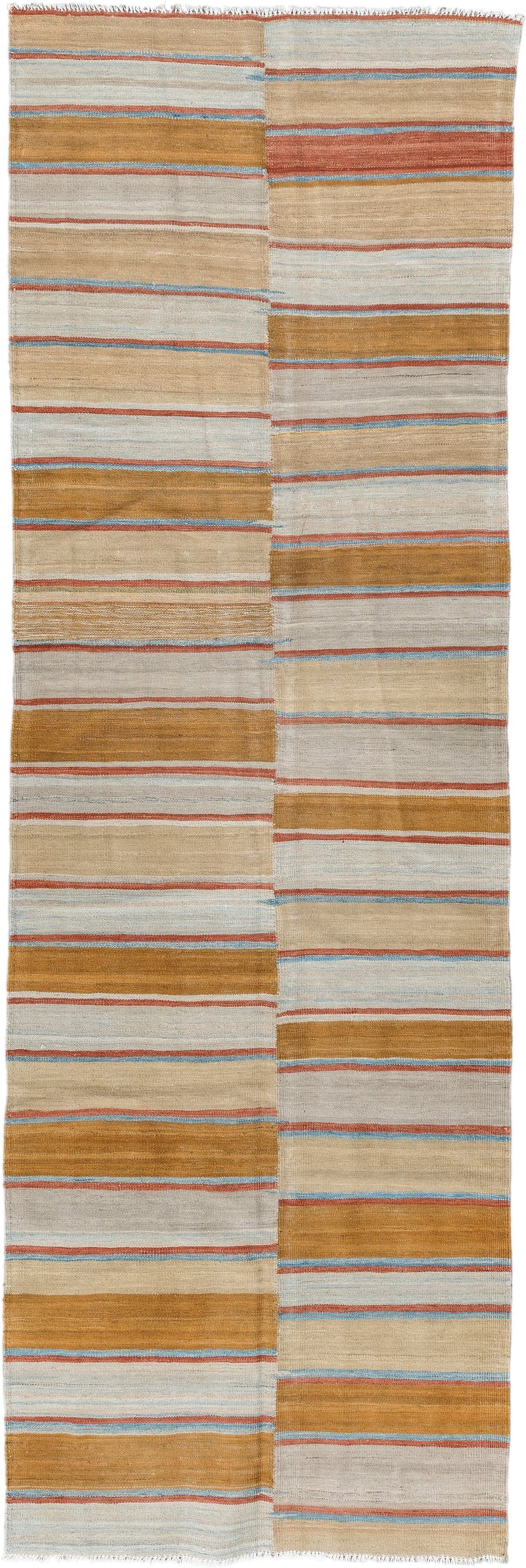 3' x 10' one-of-a-kind handmade vintage Kilim runner rug. Color palette: ivory, camel, tan, rust, pale_blue, beige