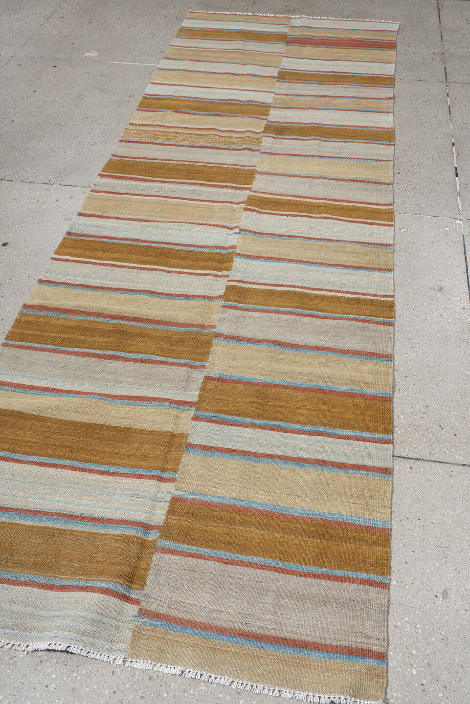 3' x 10' one-of-a-kind handmade vintage Kilim runner rug. Color palette: ivory, camel, tan, rust, pale_blue, beige