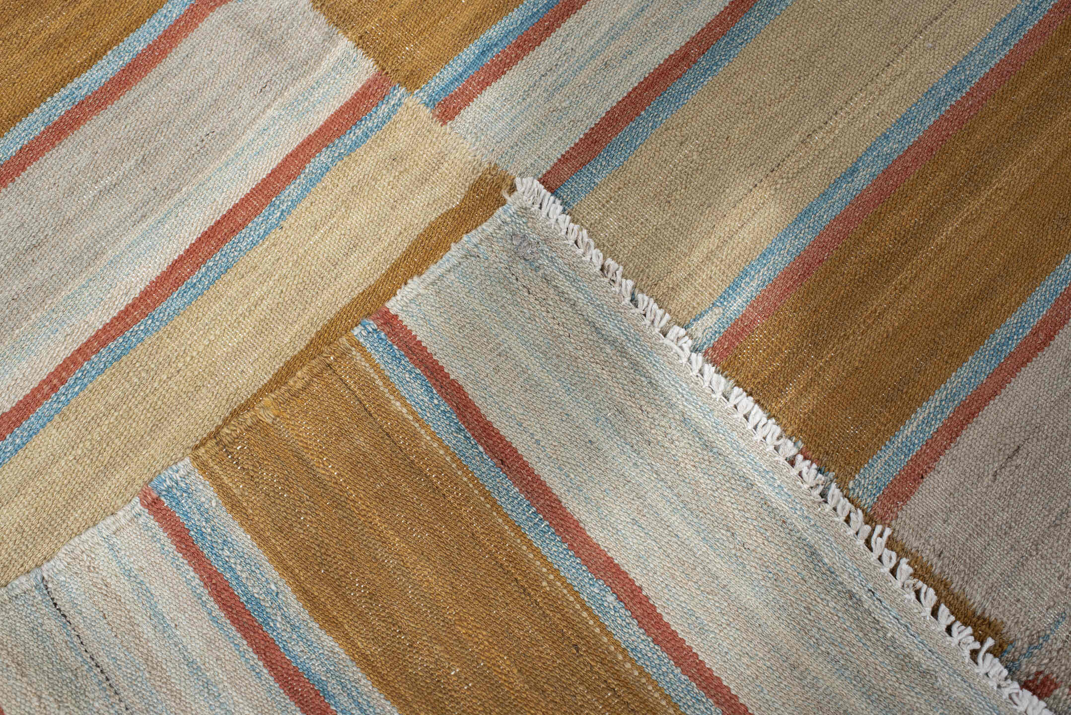 3' x 10' one-of-a-kind handmade vintage Kilim runner rug. Color palette: ivory, camel, tan, rust, pale_blue, beige