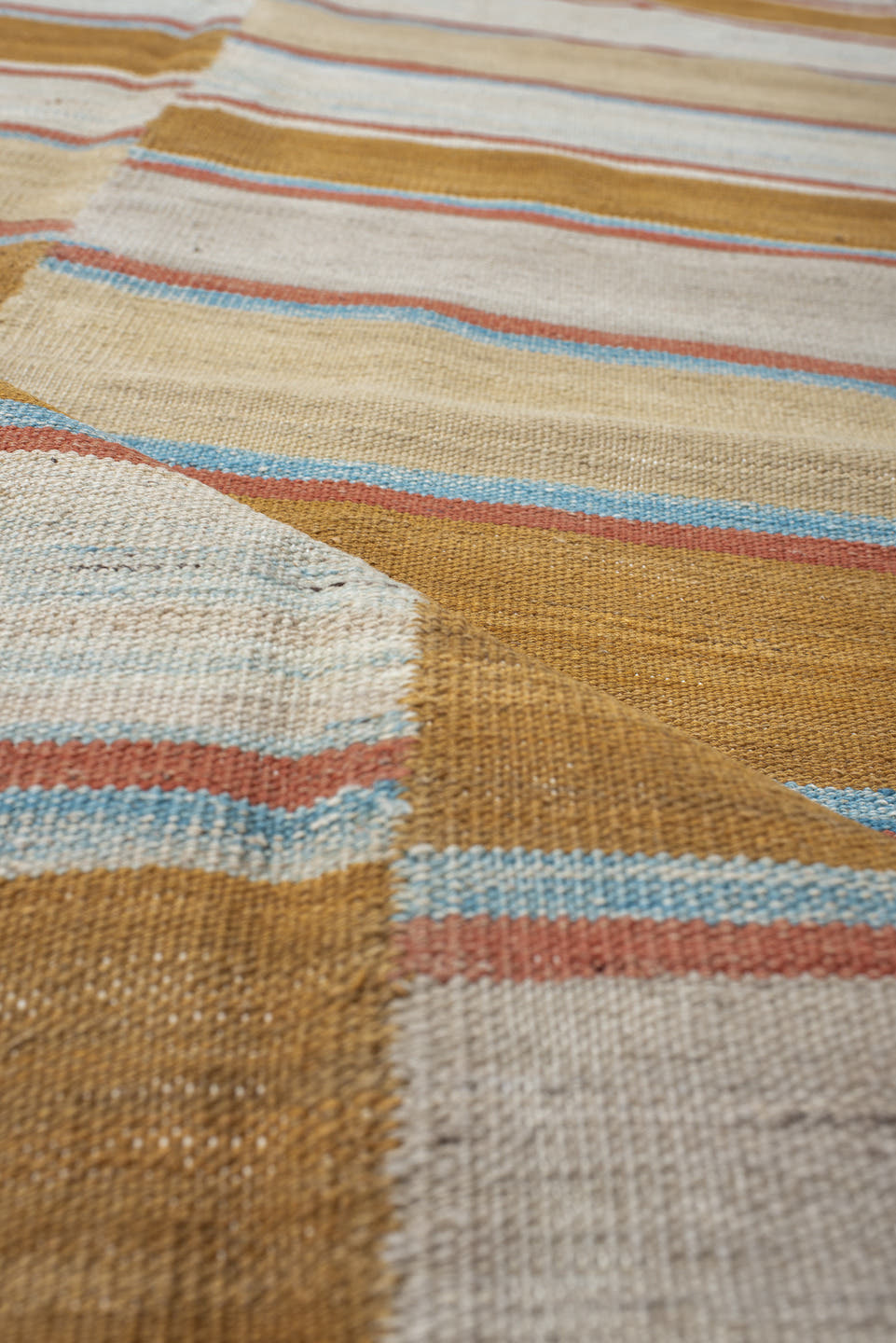 3' x 10' one-of-a-kind handmade vintage Kilim runner rug. Color palette: ivory, camel, tan, rust, pale_blue, beige