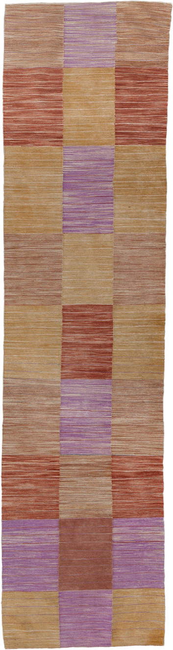 2' x 10' one-of-a-kind handmade vintage Kilim runner rug. Color palette: camel, rose, rust, lavender, tan, beige, pink, red
