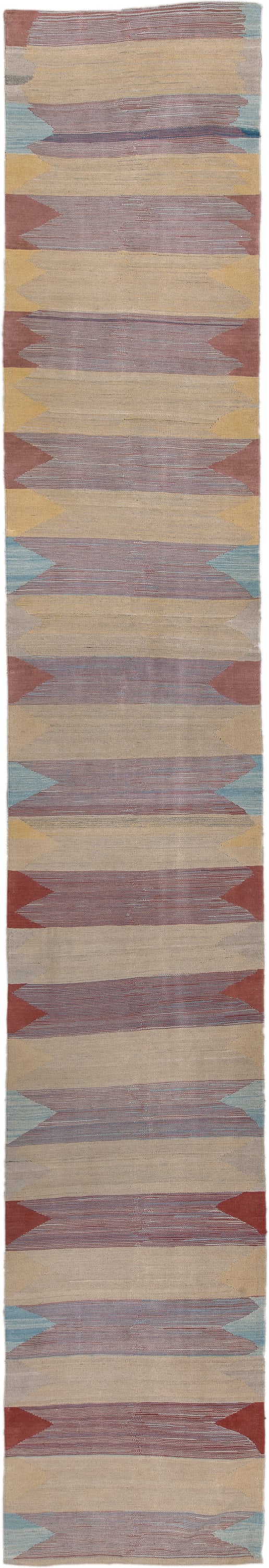 3' x 18' one-of-a-kind handmade vintage Kilim runner rug. Color palette: ivory, dusty rose, muted gold, brick red, pale aqua