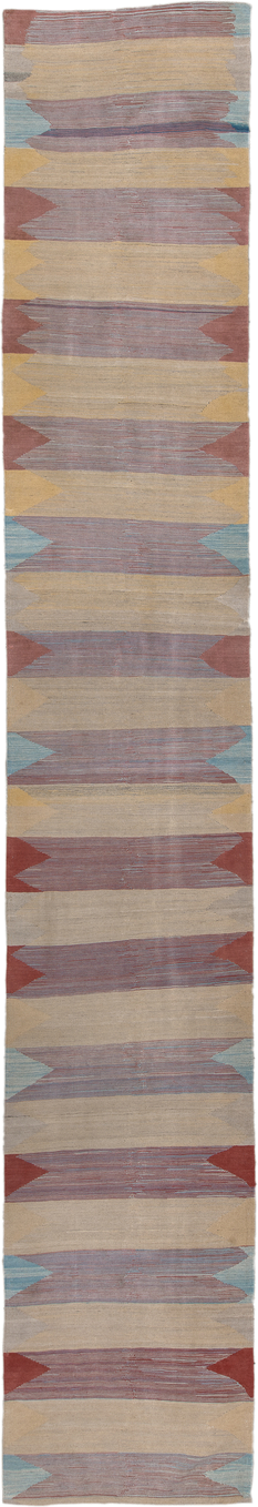 3' x 18' one-of-a-kind handmade vintage Kilim runner rug. Color palette: ivory, dusty rose, muted gold, brick red, pale aqua