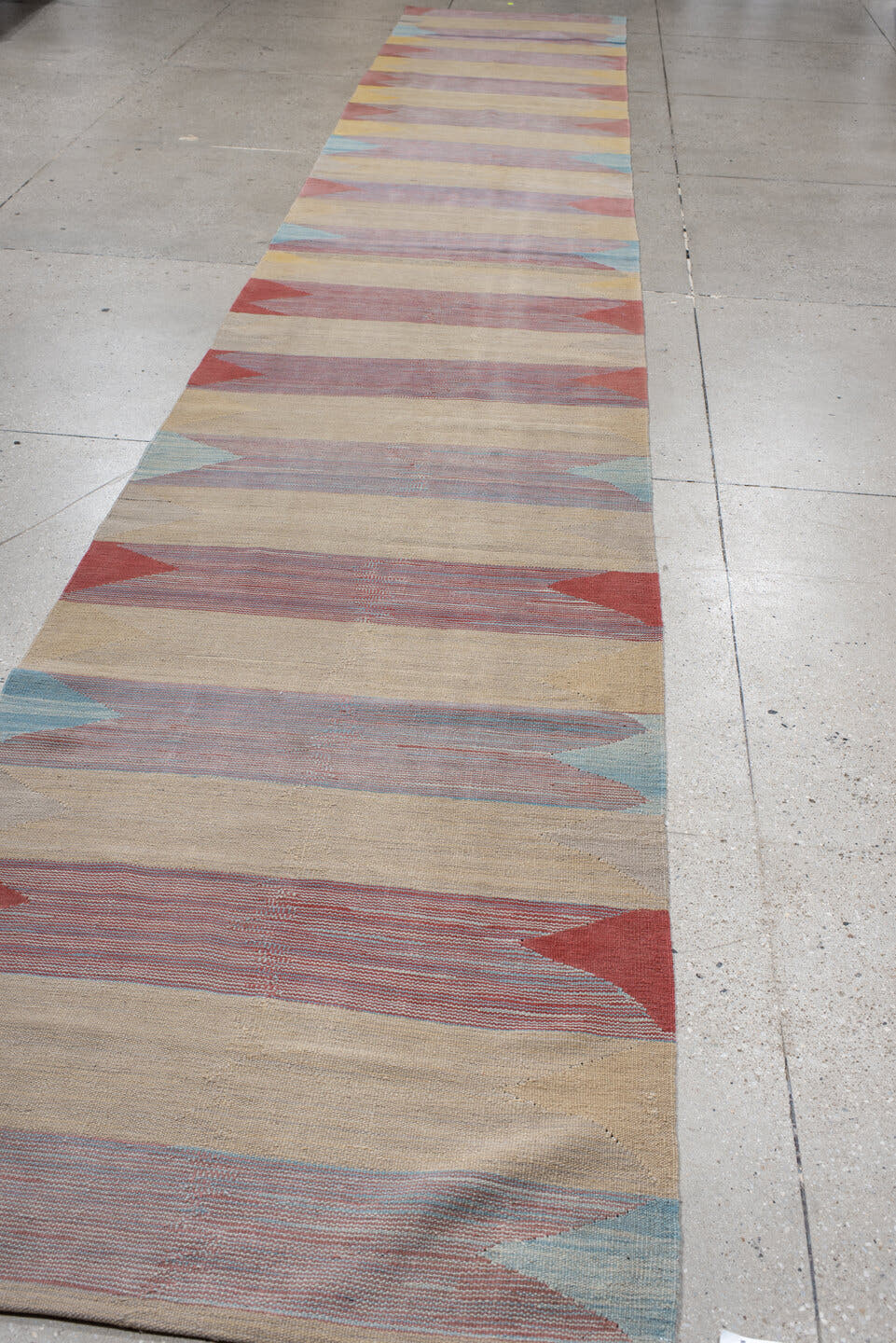 3' x 18' one-of-a-kind handmade vintage Kilim runner rug. Color palette: ivory, dusty rose, muted gold, brick red, pale aqua