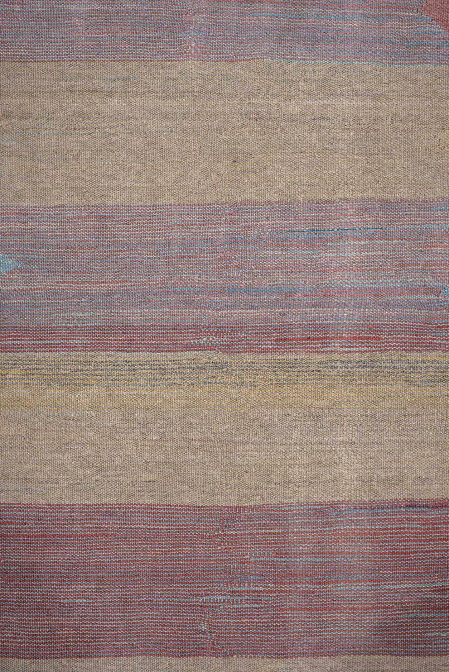 3' x 18' one-of-a-kind handmade vintage Kilim runner rug. Color palette: ivory, dusty rose, muted gold, brick red, pale aqua