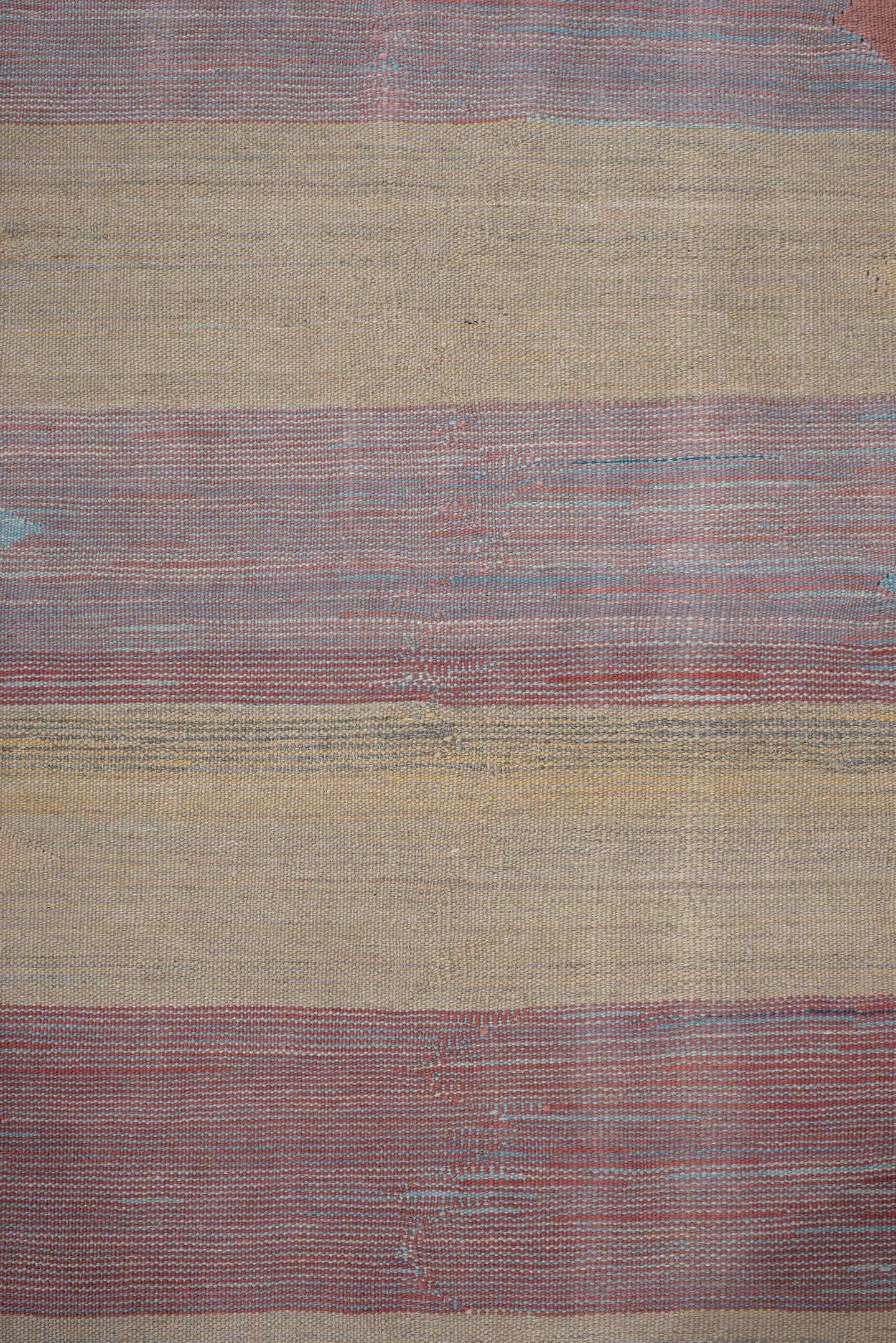 3' x 18' one-of-a-kind handmade vintage Kilim runner rug. Color palette: ivory, dusty rose, muted gold, brick red, pale aqua