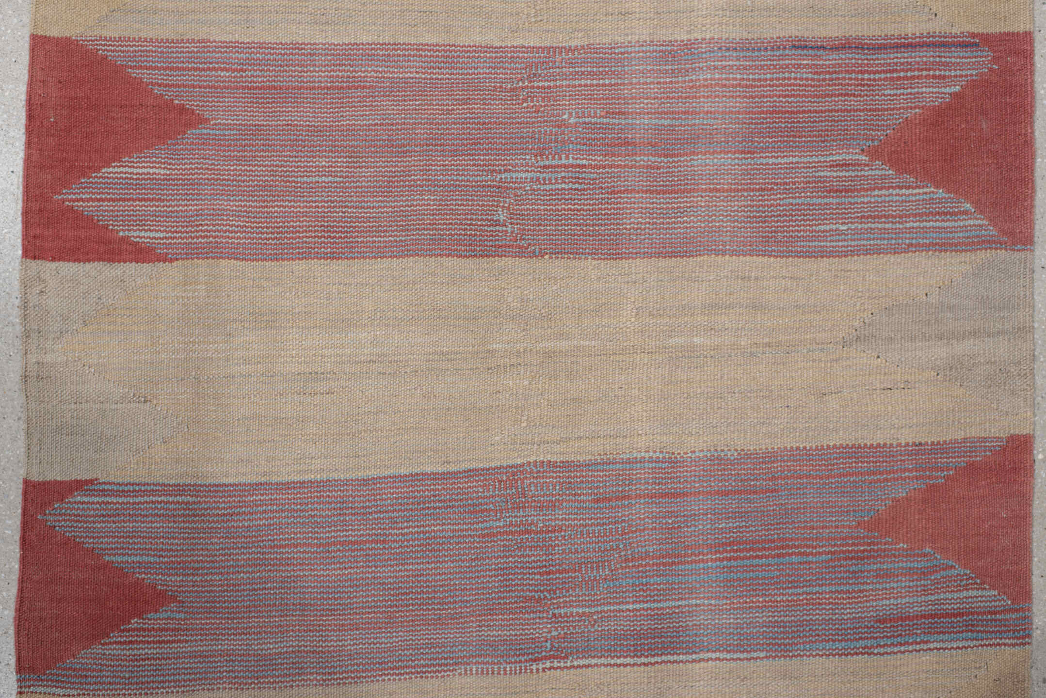 3' x 18' one-of-a-kind handmade vintage Kilim runner rug. Color palette: ivory, dusty rose, muted gold, brick red, pale aqua