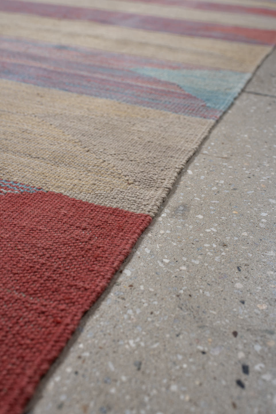 3' x 18' one-of-a-kind handmade vintage Kilim runner rug. Color palette: ivory, dusty rose, muted gold, brick red, pale aqua
