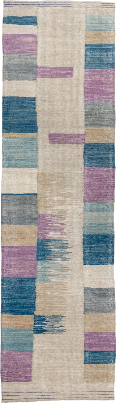 2' x 9' one-of-a-kind handmade vintage Kilim runner rug. Color palette: ivory, blue, lavender, light_blue, gray, beige