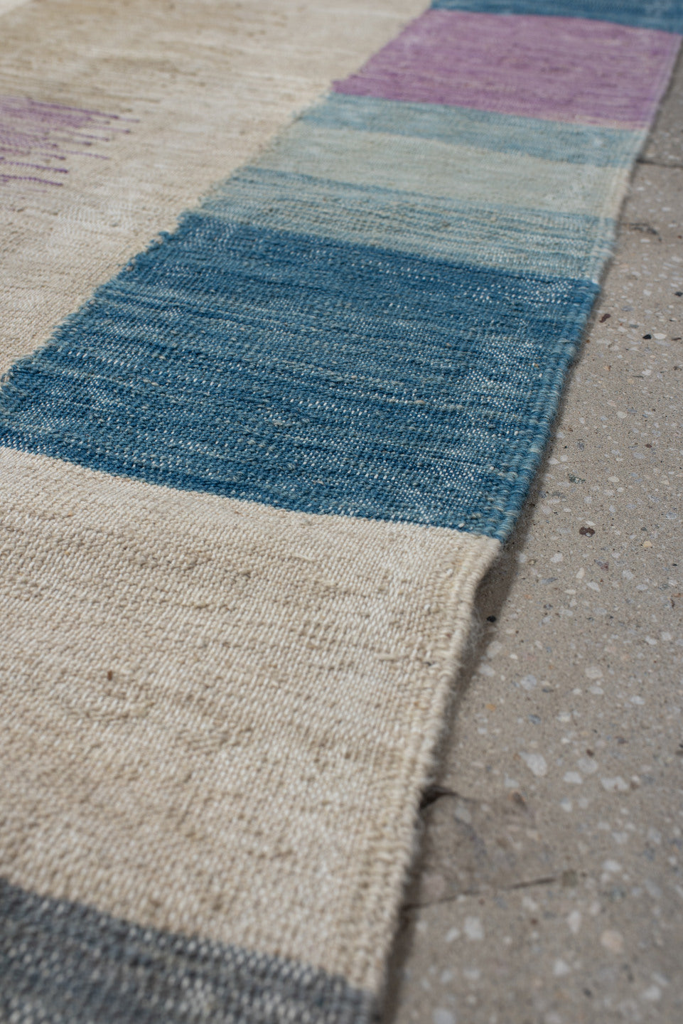 2' x 9' one-of-a-kind handmade vintage Kilim runner rug. Color palette: blue, brown, dark gray, dim gray, gray, light gray