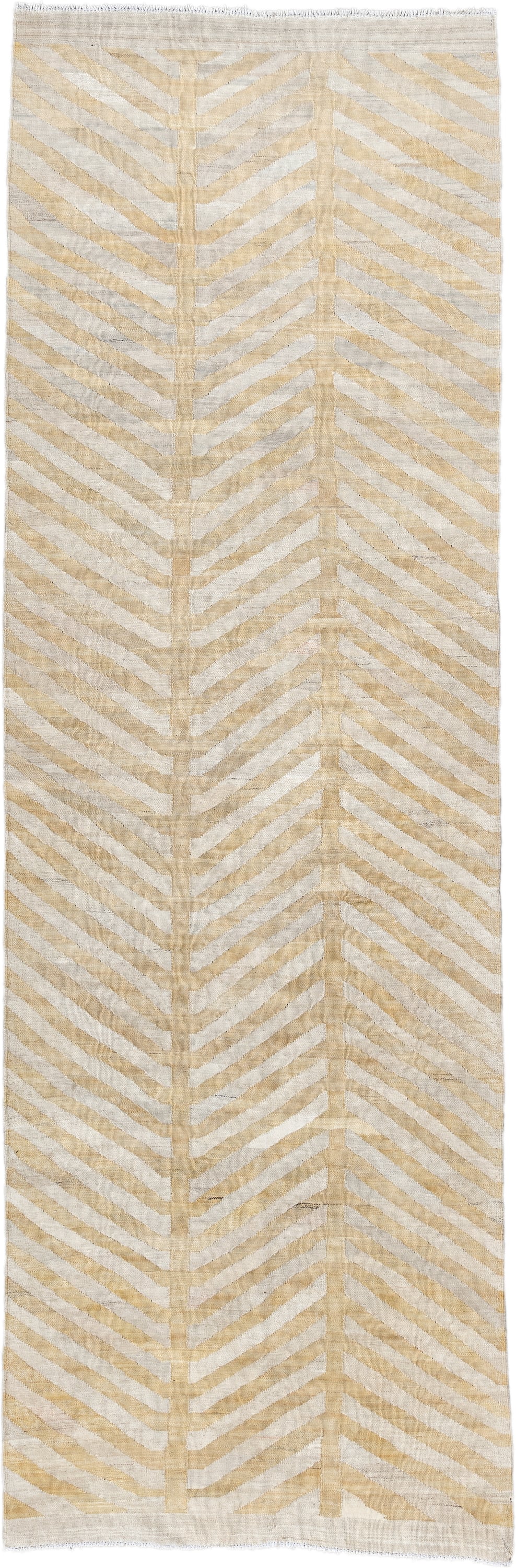 3' x 9' one-of-a-kind handmade vintage Kilim runner rug. Color palette: ivory, beige, cream, tan