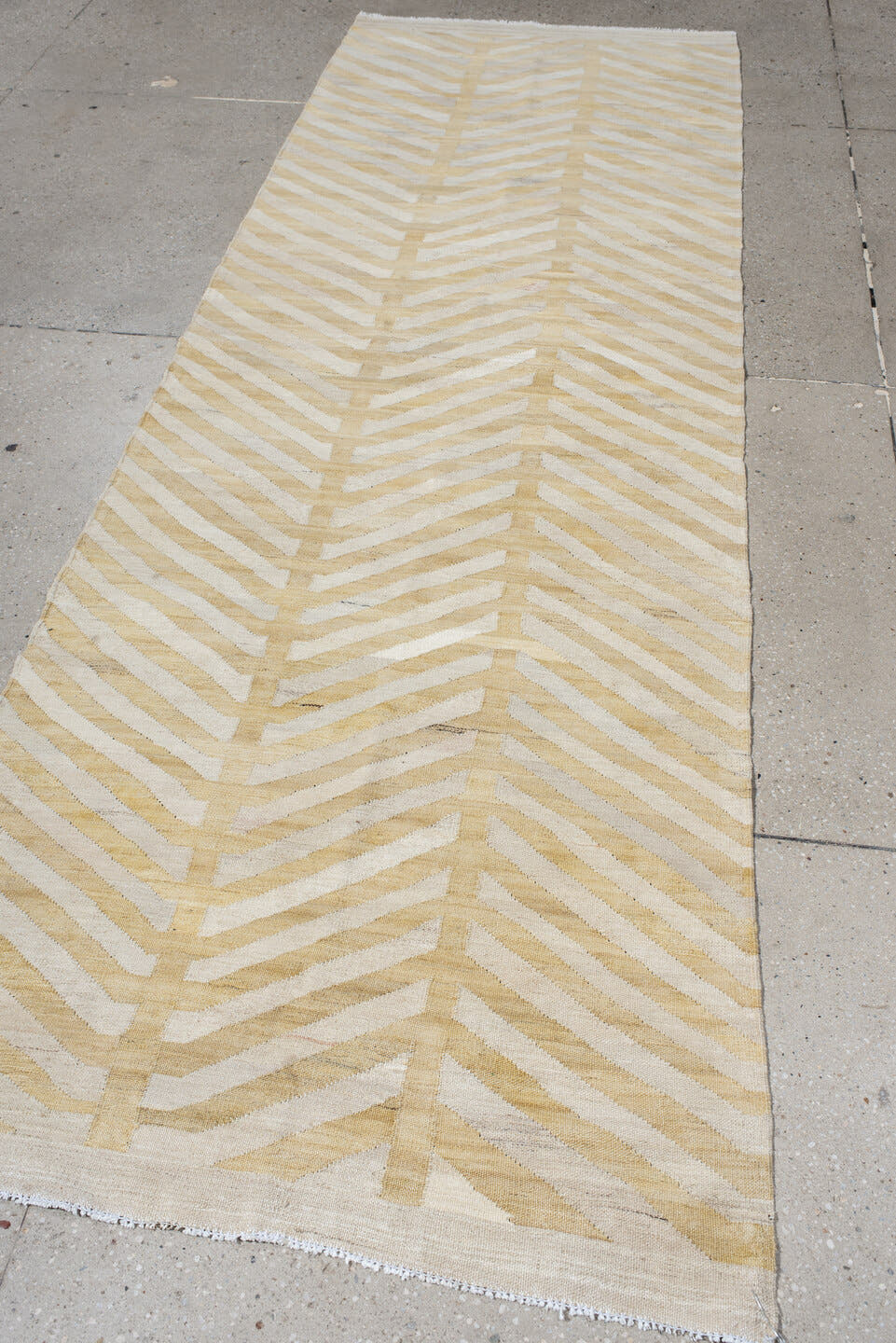 3' x 9' one-of-a-kind handmade vintage Kilim runner rug. Color palette: ivory, beige, cream, tan