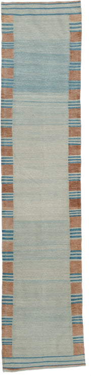 2' x 11' one-of-a-kind handmade vintage Kilim runner rug. Color palette: aqua, ivory, turquoise, camel, teal, beige