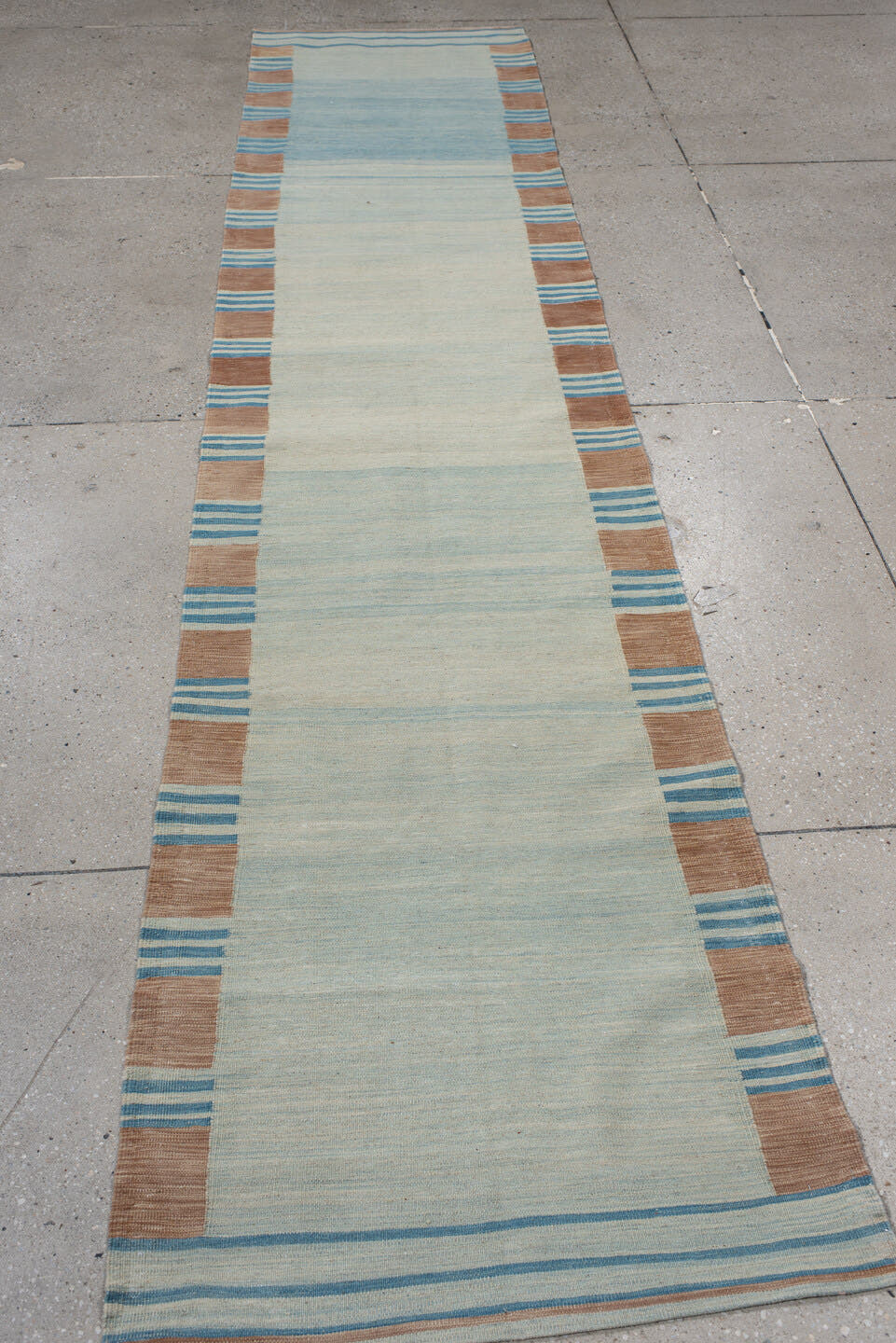 2' x 11' one-of-a-kind handmade vintage Kilim runner rug. Color palette: aqua, ivory, turquoise, camel, teal, beige