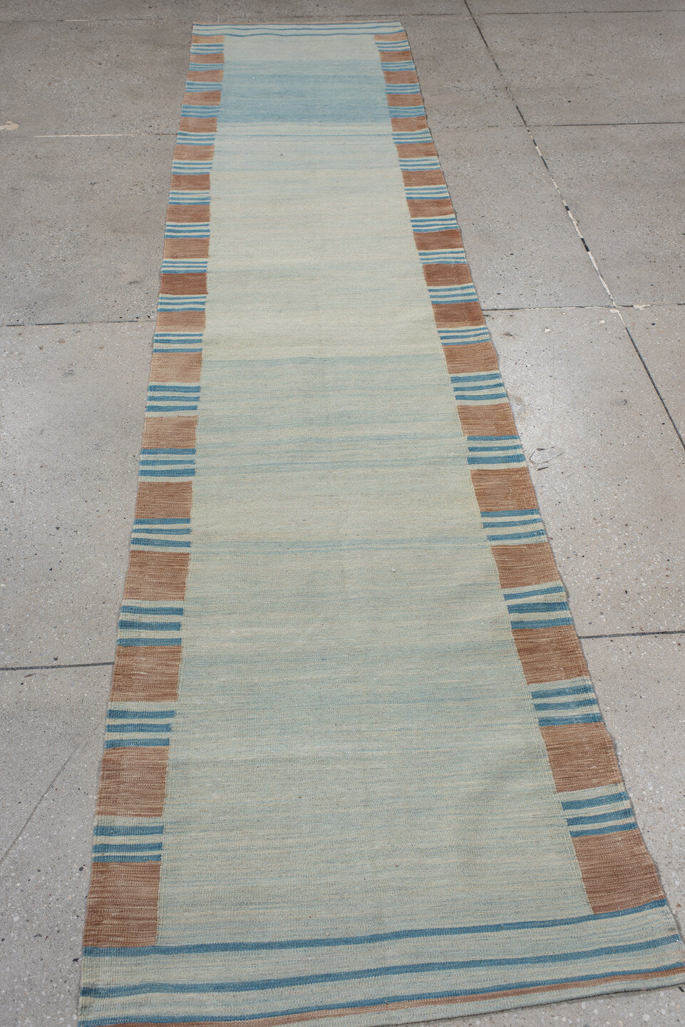 2' x 11' one-of-a-kind handmade vintage Kilim runner rug. Color palette: aqua, ivory, turquoise, camel, teal, beige