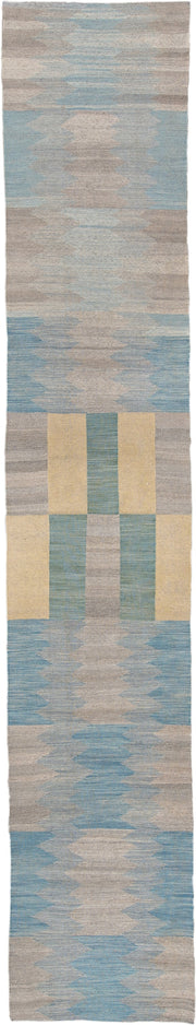 2' x 15' one-of-a-kind handmade vintage Kilim runner rug. Color palette: taupe, sky blue, cream, pale gold, beige, gray