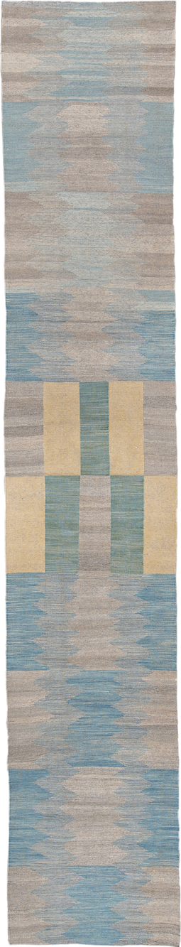 2' x 15' one-of-a-kind handmade vintage Kilim runner rug. Color palette: taupe, sky blue, cream, pale gold, beige, gray