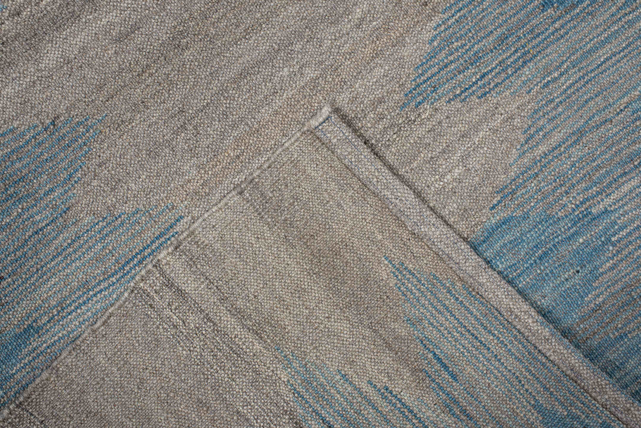 2' x 15' one-of-a-kind handmade vintage Kilim runner rug. Color palette: blue, brown, dark gray, gray, light gray, off-white