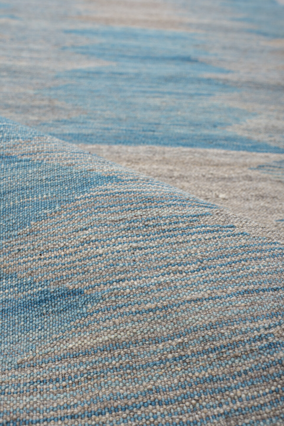 2' x 15' one-of-a-kind handmade vintage Kilim runner rug. Color palette: blue, brown, dark gray, gray, light gray, off-white