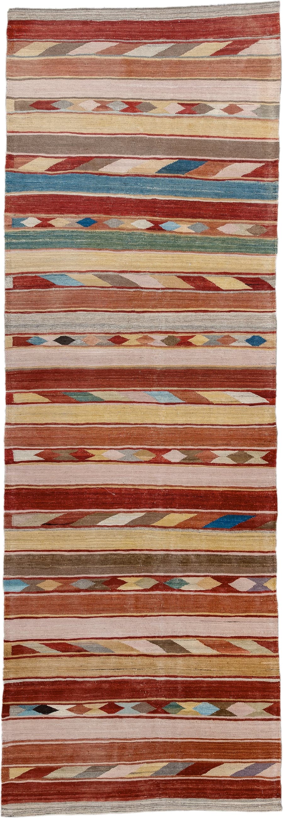 3' x 9' one-of-a-kind handmade vintage Kilim runner rug. Color palette: terra cotta, ivory, camel, taupe, rust, muted blue