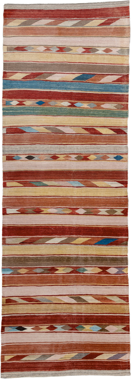 3' x 9' one-of-a-kind handmade vintage Kilim runner rug. Color palette: terra cotta, ivory, camel, taupe, rust, muted blue