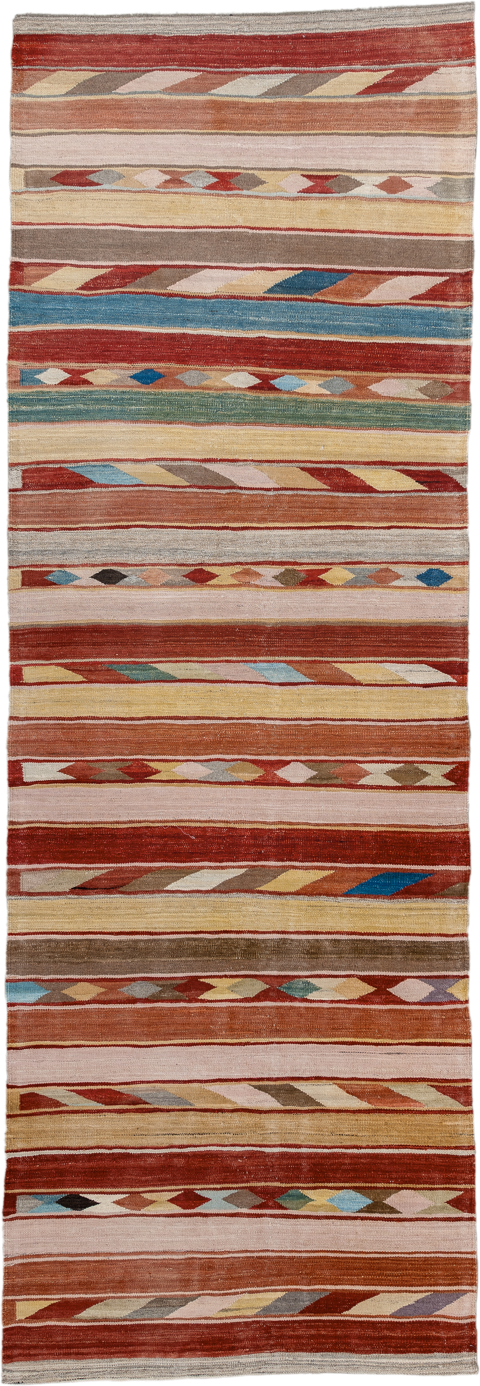 3' x 9' one-of-a-kind handmade vintage Kilim runner rug. Color palette: terra cotta, ivory, camel, taupe, rust, muted blue