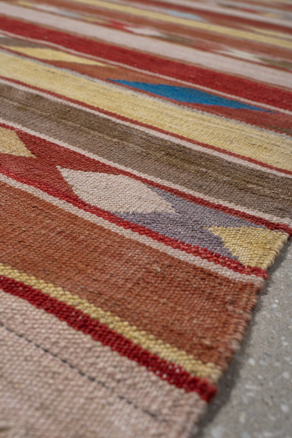 3' x 9' one-of-a-kind handmade vintage Kilim runner rug. Color palette: terra cotta, ivory, camel, taupe, rust, muted blue
