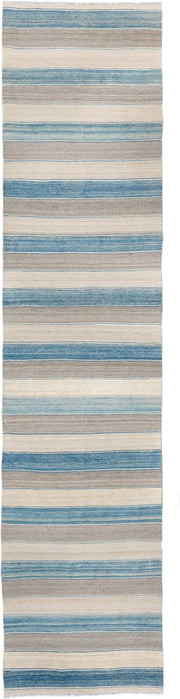 3' x 13' one-of-a-kind handmade vintage Kilim runner rug. Color palette: ivory, sky blue, taupe, cream, light blue, beige