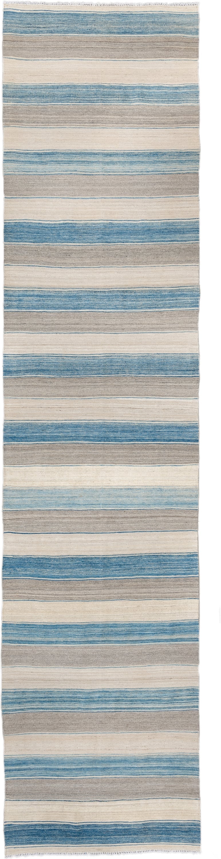 3' x 13' one-of-a-kind handmade vintage Kilim runner rug. Color palette: ivory, sky blue, taupe, cream, light blue, beige