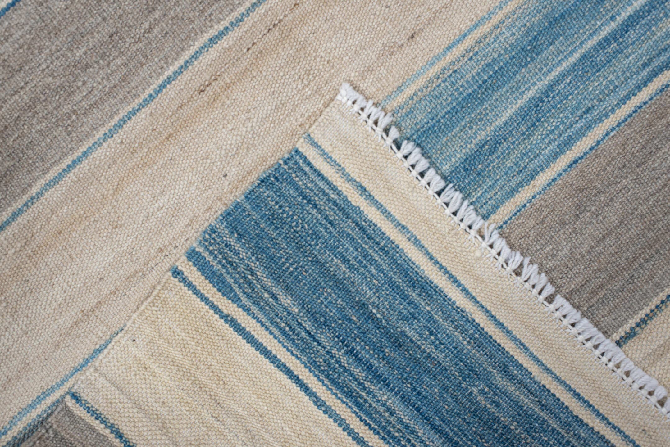 3' x 13' one-of-a-kind handmade vintage Kilim runner rug. Color palette: ivory, sky blue, taupe, cream, light blue, beige