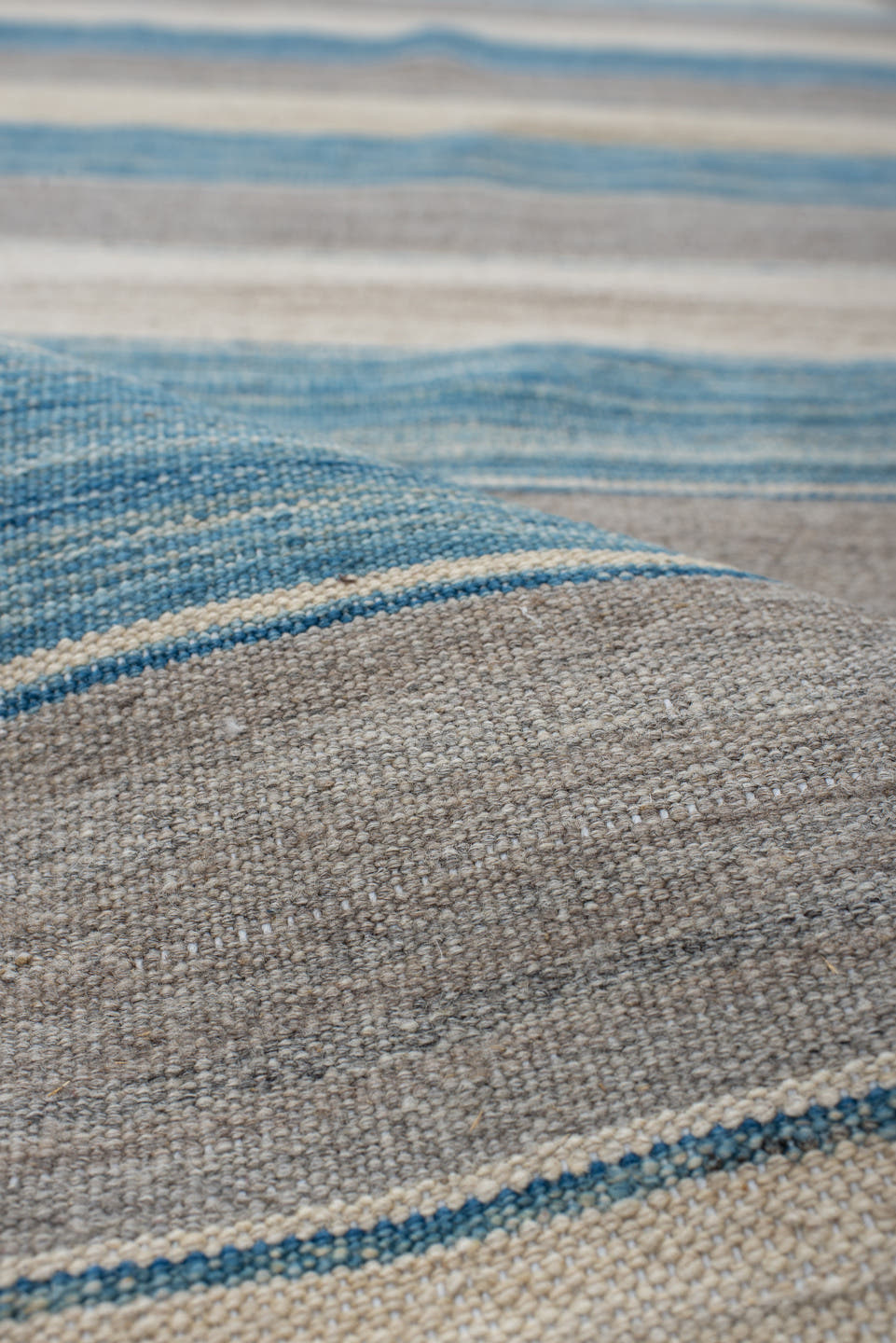 3' x 13' one-of-a-kind handmade vintage Kilim runner rug. Color palette: ivory, sky blue, taupe, cream, light blue, beige