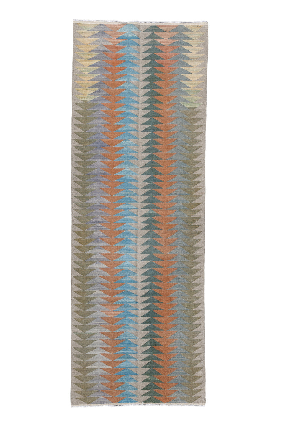 3' x 9' one-of-a-kind handmade vintage Kilim runner rug. Color palette: blue, brown, dark gray, gray, light blue, light gray