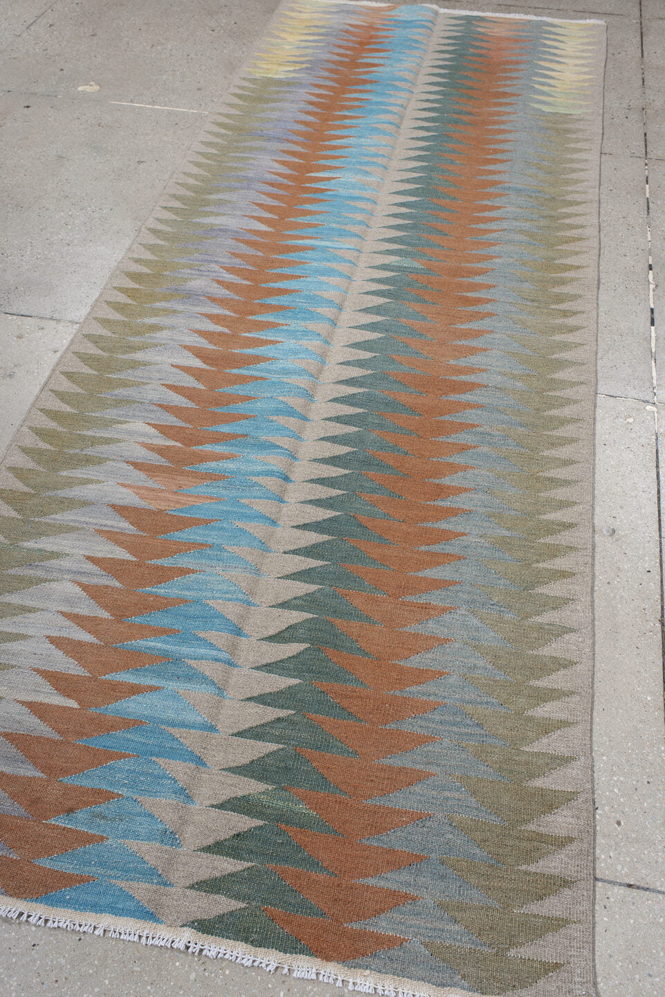 3' x 9' one-of-a-kind handmade vintage Kilim runner rug. Color palette: ivory, sage, sky_blue, terra_cotta, pale_blue, taupe