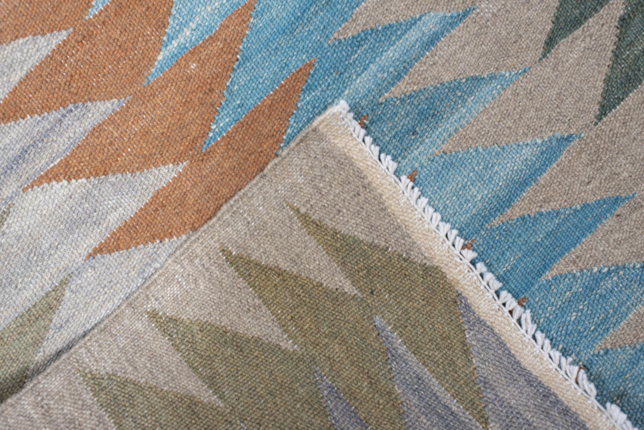 3' x 9' one-of-a-kind handmade vintage Kilim runner rug. Color palette: ivory, sage, sky_blue, terra_cotta, pale_blue, taupe