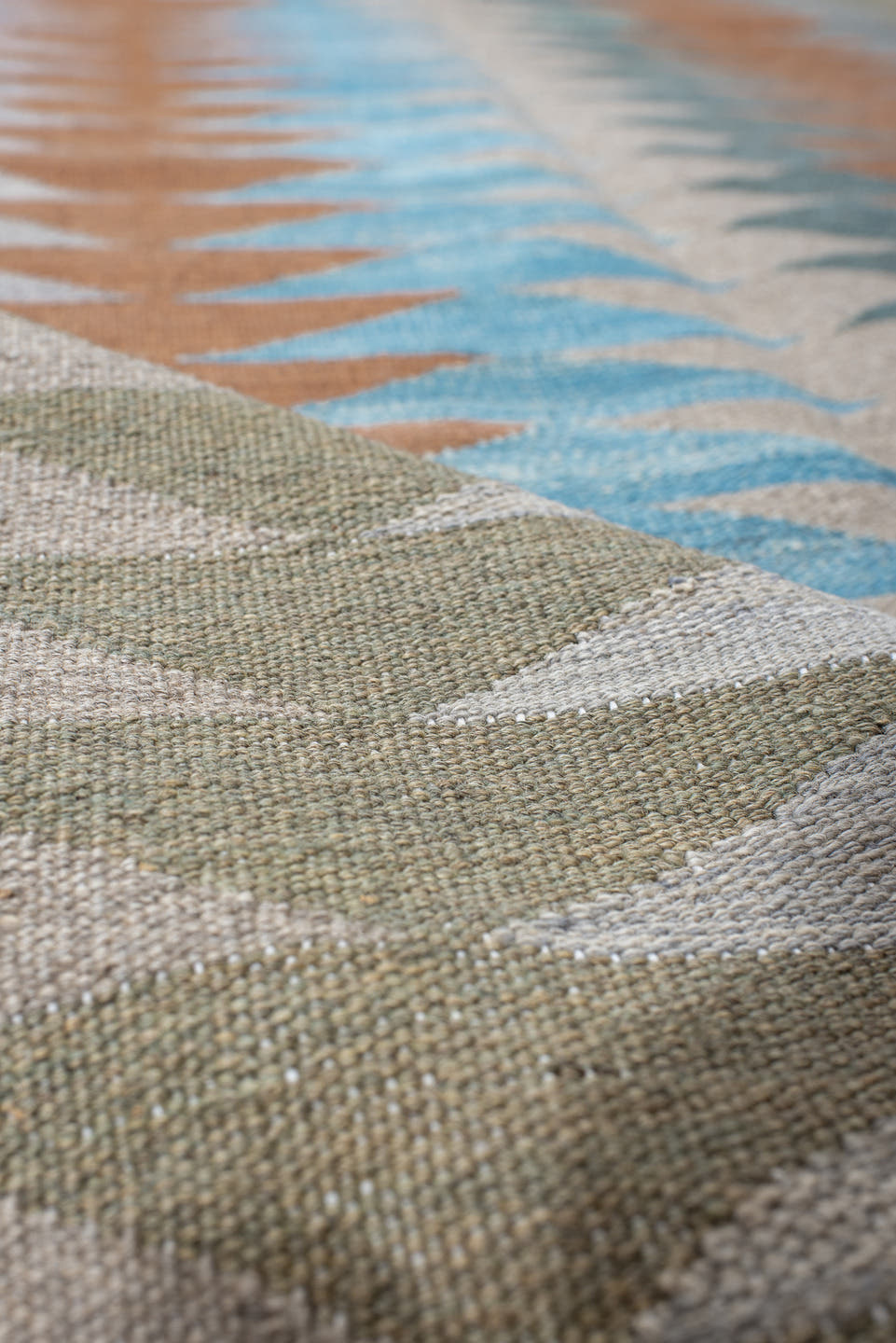3' x 9' one-of-a-kind handmade vintage Kilim runner rug. Color palette: ivory, sage, sky_blue, terra_cotta, pale_blue, taupe