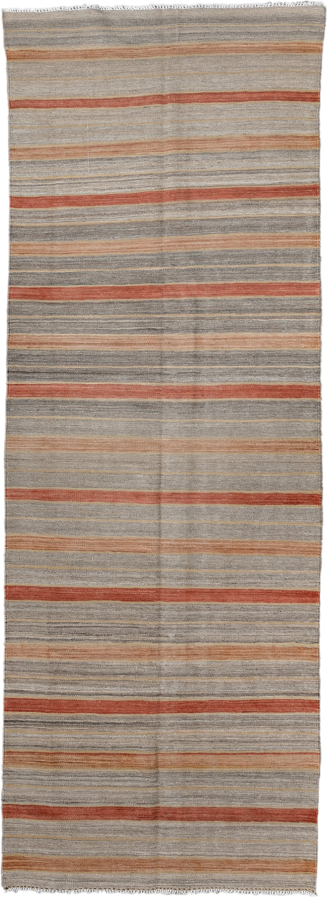 3' x 9' one-of-a-kind handmade vintage Kilim runner rug. Color palette: taupe, gray, rust, camel, ivory, beige, terracotta