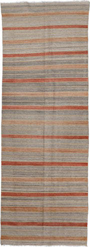 3' x 9' one-of-a-kind handmade vintage Kilim runner rug. Color palette: taupe, gray, rust, camel, ivory, beige, terracotta
